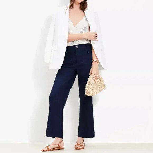 LOFT The Palmer Wide Leg Linen Blend Trouser Pants Navy Blue 6 - Picture 14 of 14